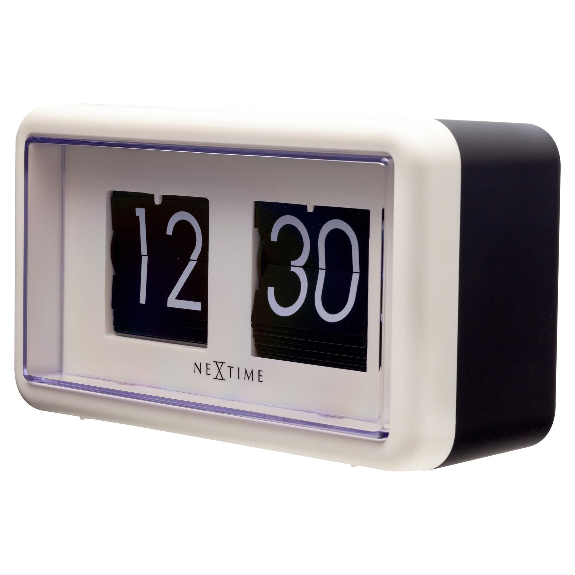 NeXtime Flip Clock showing time with white numbers, compact 18x10x7cm table or wall clock, right side view.